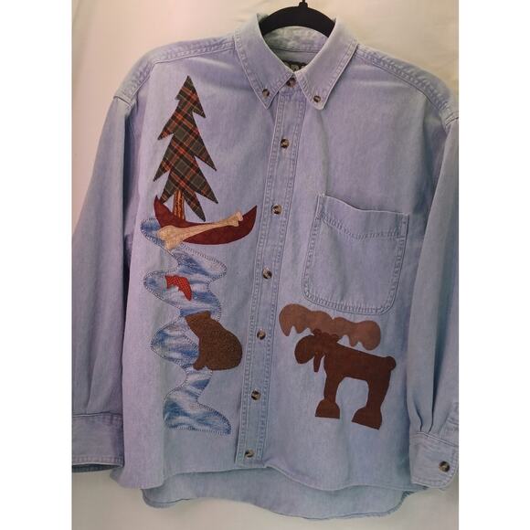 Copa Banana Tops - VTG 90s Copa Banana Denim Shirt Moose Bear Applique Medium Chambray Button Down